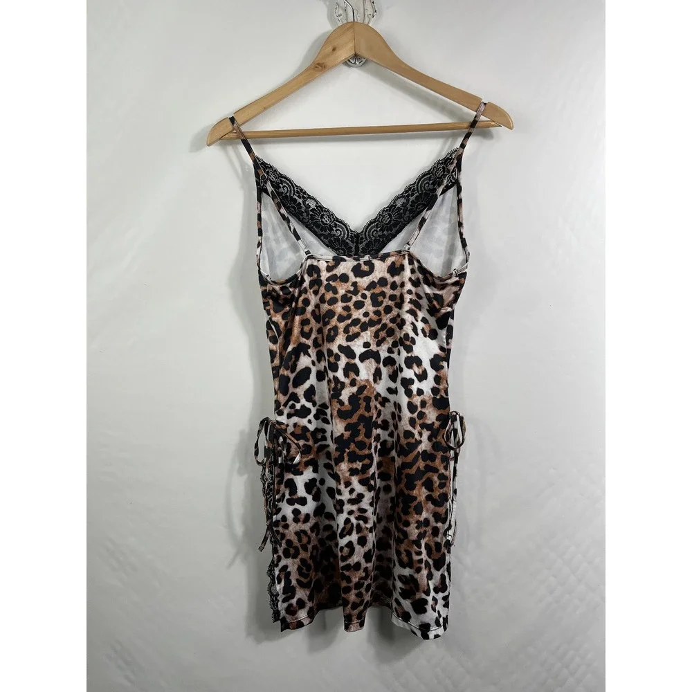 Avidlove Chemise Women S Brown Leopard Print Lace Trim Side Slit Lingerie Slip‎